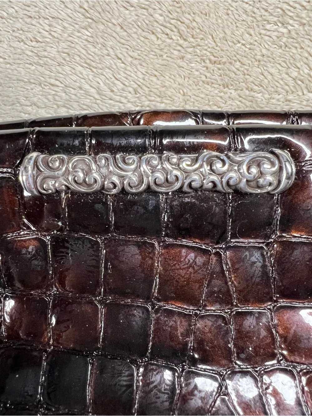 Brighton Brown Croc Embossed Patent Cosmetic Pouch Makeup Bag Leather Trim